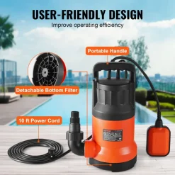 VEVOR Utility Pump, 1 HP, 4000 GPH High Flow, 31 ft Head, Sump Pump Submersible Water Pump Portable Utility Pump with 10 ft Long Power Cord for Draining Water from Swimming Pool Garden Pond Basement