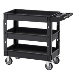 VEVOR Utility Service Cart, 550 LBS Laod Capacity, 3 Shelf Heavy Duty Plastic Rolling Utility Cart with 360° Swivel Wheels (2 with Brakes), Ergonomic Storage Handle for Warehouse/Garage/Cleaning