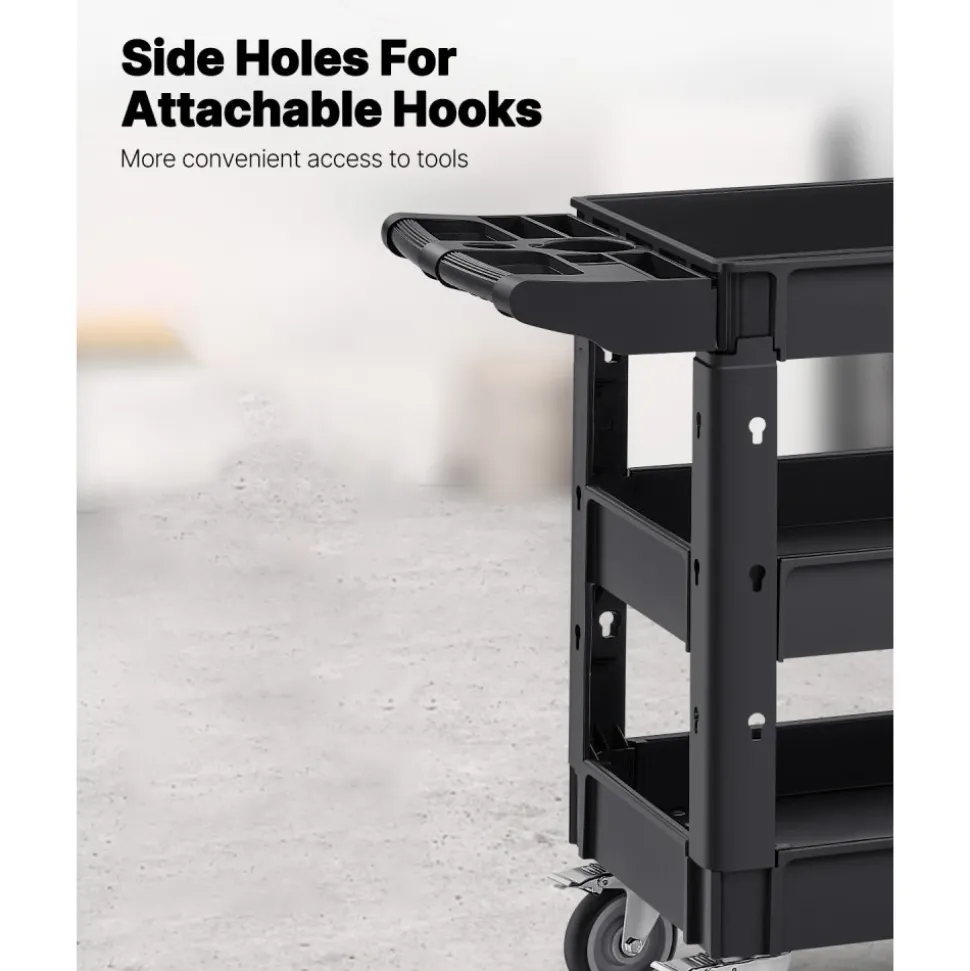 VEVOR Utility Service Cart, 550 LBS Laod Capacity, 3 Shelf Heavy Duty Plastic Rolling Utility Cart with 360° Swivel Wheels (2 with Brakes), Ergonomic Storage Handle for Warehouse/Garage/Cleaning