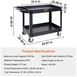 VEVOR Utility Service Cart, 2 Shelf 550LBS Heavy Duty Plastic Rolling Utility Cart with 360° Swivel Wheels (2 with Brakes), Large Lipped Shelf, Ergonomic Storage Handle for Warehouse/Garage/Cleaning