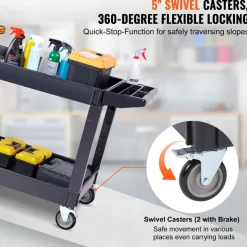 VEVOR Utility Service Cart, 2 Shelf 550LBS Heavy Duty Plastic Rolling Utility Cart with 360° Swivel Wheels (2 with Brakes), Large Lipped Shelf, Ergonomic Storage Handle for Warehouse/Garage/Cleaning