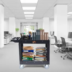VEVOR Utility Service Cart, 2 Shelf 550LBS Heavy Duty Plastic Rolling Utility Cart with 360° Swivel Wheels, Medium Lipped Shelf, Ergonomic Storage Handle for Warehouse/Garage/Cleaning/Office