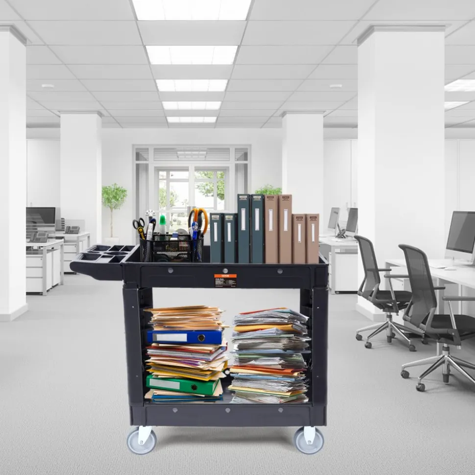 VEVOR Utility Service Cart, 2 Shelf 550LBS Heavy Duty Plastic Rolling Utility Cart with 360° Swivel Wheels, Medium Lipped Shelf, Ergonomic Storage Handle for Warehouse/Garage/Cleaning/Office
