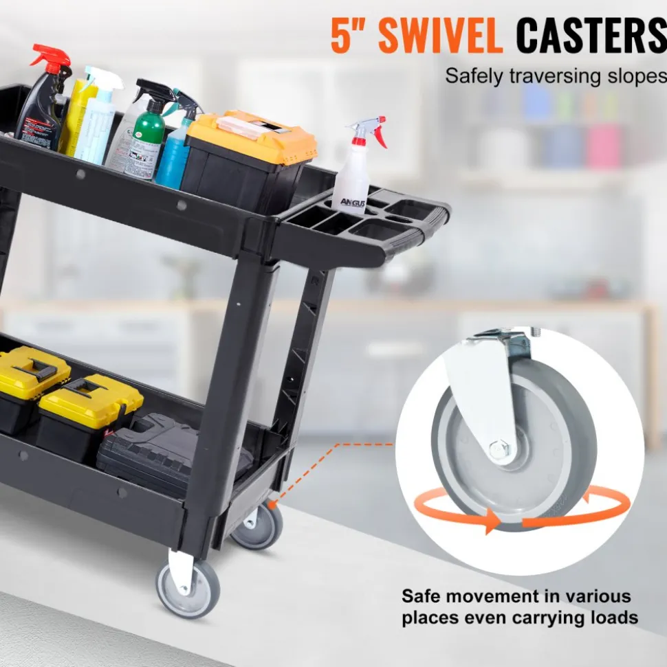 VEVOR Utility Service Cart, 2 Shelf 550LBS Heavy Duty Plastic Rolling Utility Cart with 360° Swivel Wheels, Medium Lipped Shelf, Ergonomic Storage Handle for Warehouse/Garage/Cleaning/Office