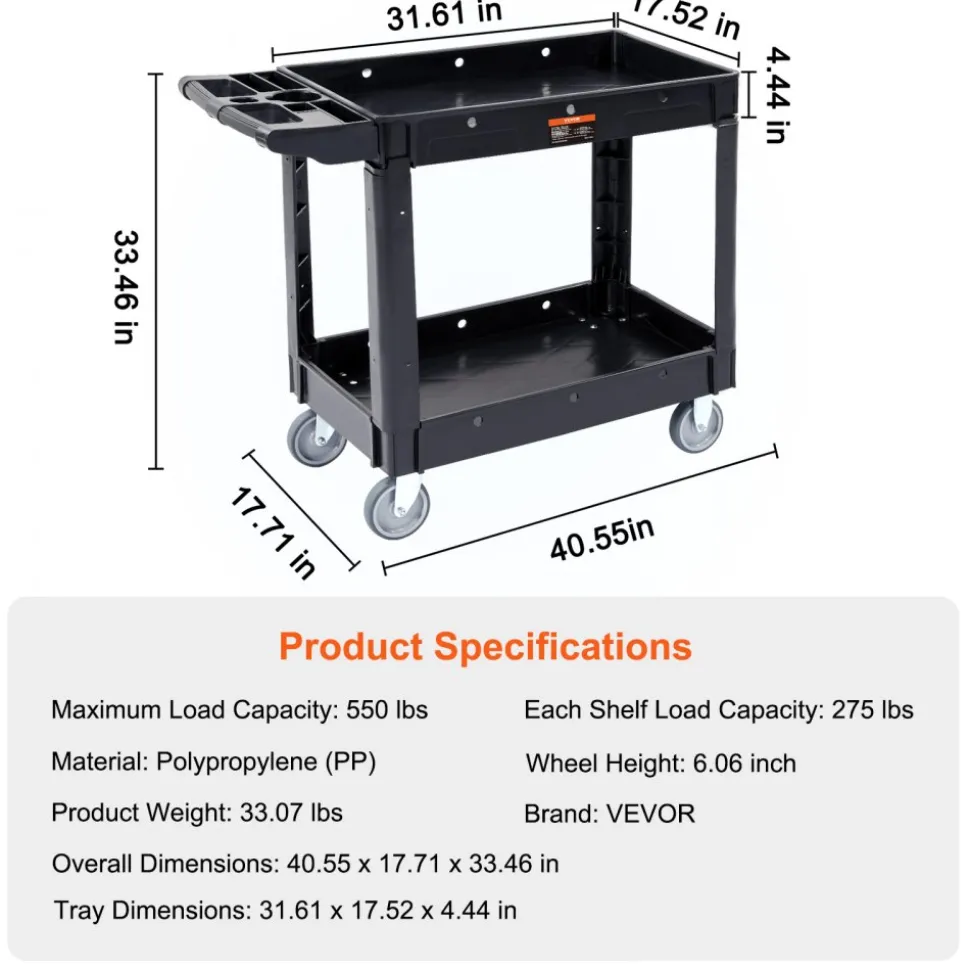 VEVOR Utility Service Cart, 2 Shelf 550LBS Heavy Duty Plastic Rolling Utility Cart with 360° Swivel Wheels, Medium Lipped Shelf, Ergonomic Storage Handle for Warehouse/Garage/Cleaning/Office