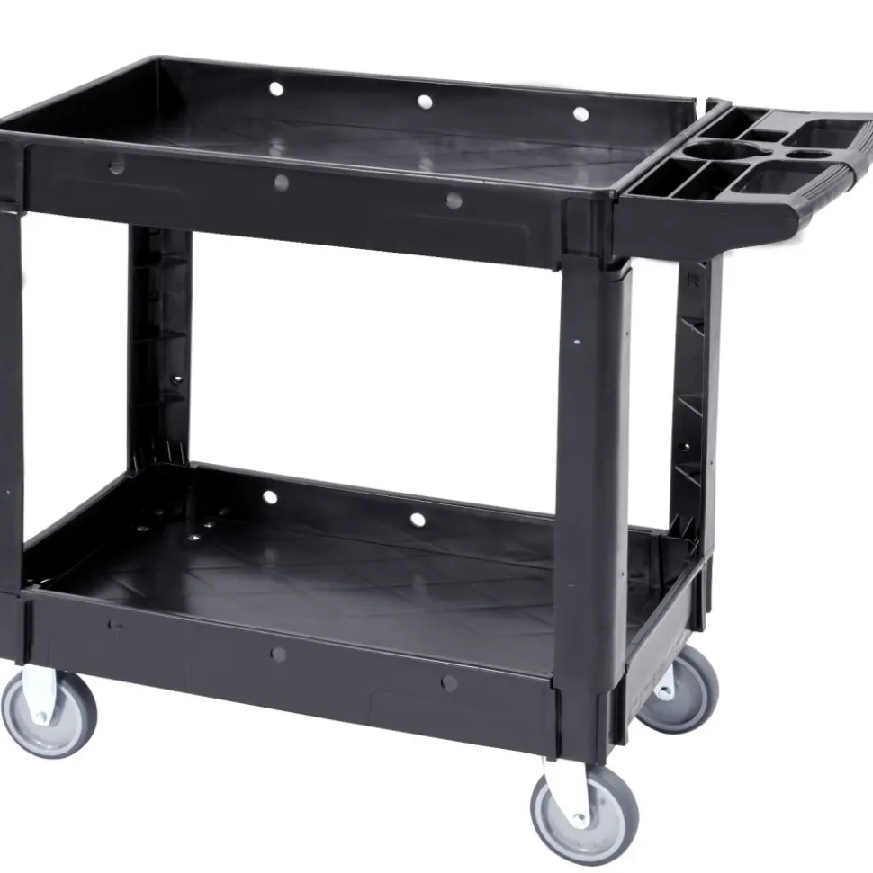 VEVOR Utility Service Cart, 2 Shelf 550LBS Heavy Duty Plastic Rolling Utility Cart with 360° Swivel Wheels, Medium Lipped Shelf, Ergonomic Storage Handle for Warehouse/Garage/Cleaning/Office