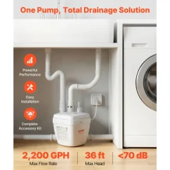 VEVOR Utility Sink Pump, 1 HP, 2200 GPH Under Sink Pump with 3 Water Inlets 1 Outlet, 36 ft Max Lift, Cast Aluminum Body, with Overload Protection, for Sink Shower Wash Bin Urinal Kitchen Basement