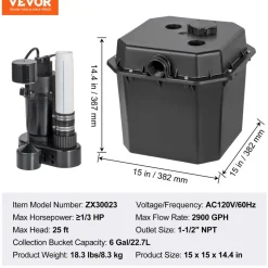 VEVOR Utility Sink Pump, 1/3 HP, 120-Volt, 2900 GPH Flow, 25 ft Head, Under-Sink Sump Pump System with 6 Gallon Basin, Automatic Utility/Laundry Sink Pump, Drain Pump with 1-1/2" NPT Outlet, Black
