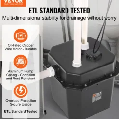 VEVOR Utility Sink Pump, 1/3 HP, 120-Volt, 2900 GPH Flow, 25 ft Head, Under-Sink Sump Pump System with 6 Gallon Basin, Automatic Utility/Laundry Sink Pump, Drain Pump with 1-1/2