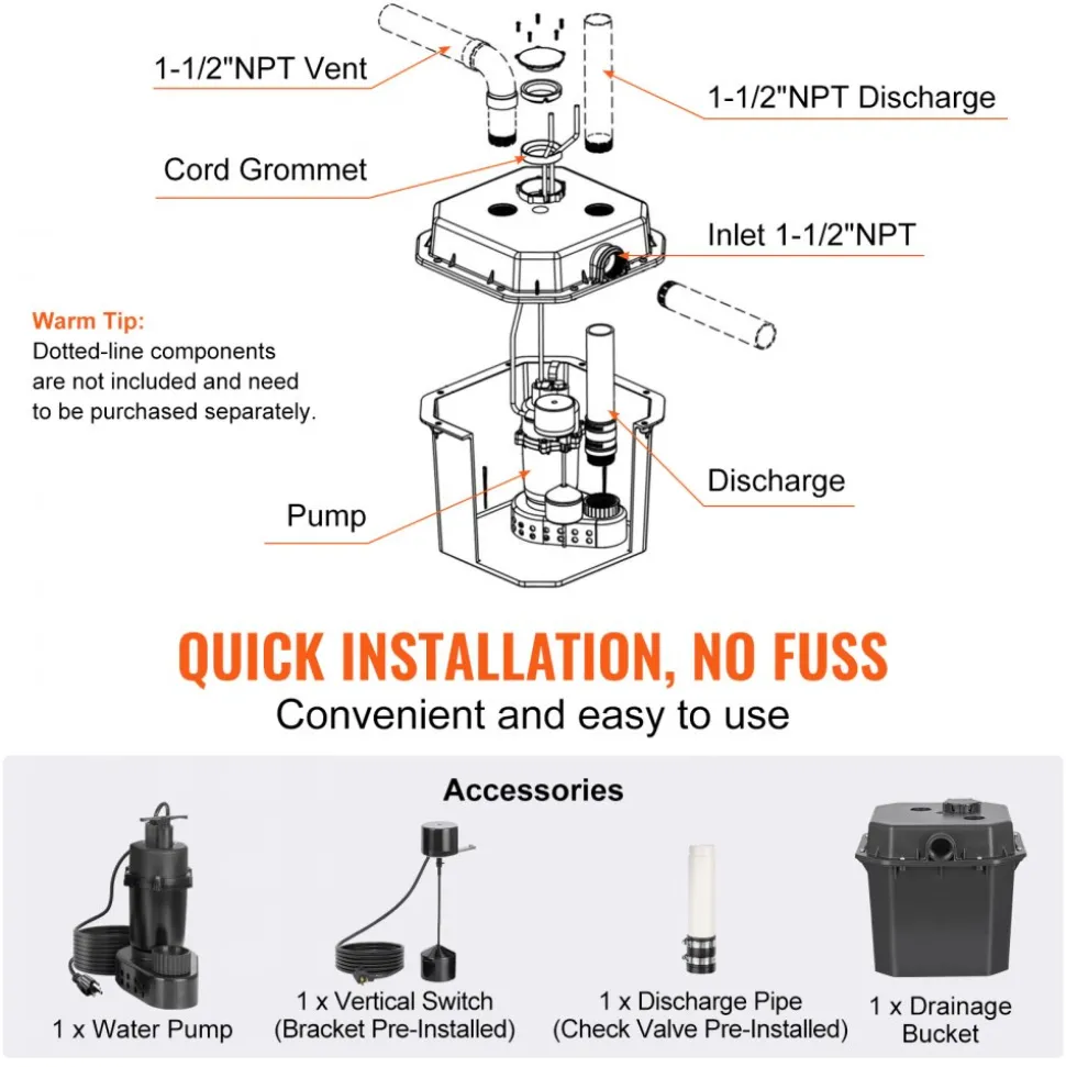 VEVOR Utility Sink Pump, 1/3 HP, 120-Volt, 2900 GPH Flow, 25 ft Head, Under-Sink Sump Pump System with 6 Gallon Basin, Automatic Utility/Laundry Sink Pump, Drain Pump with 1-1/2" NPT Outlet, Black