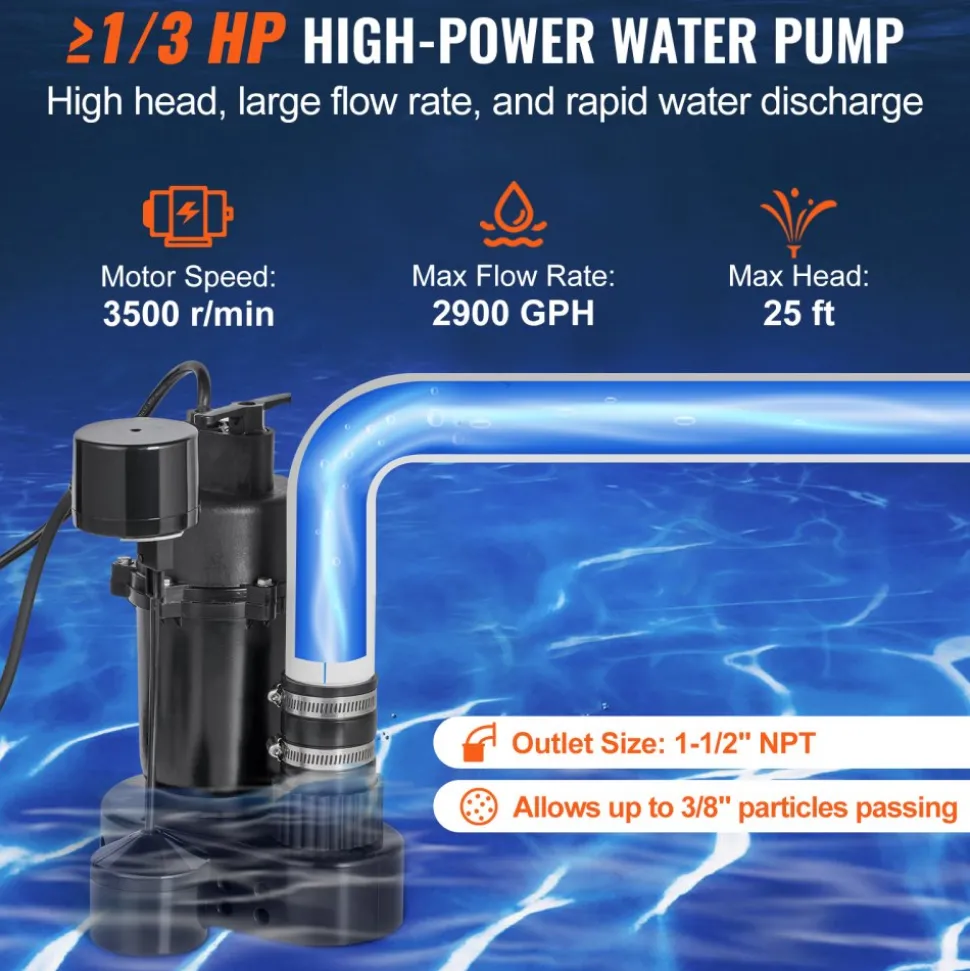 VEVOR Utility Sink Pump, 1/3 HP, 120-Volt, 2900 GPH Flow, 25 ft Head, Under-Sink Sump Pump System with 6 Gallon Basin, Automatic Utility/Laundry Sink Pump, Drain Pump with 1-1/2" NPT Outlet, Black