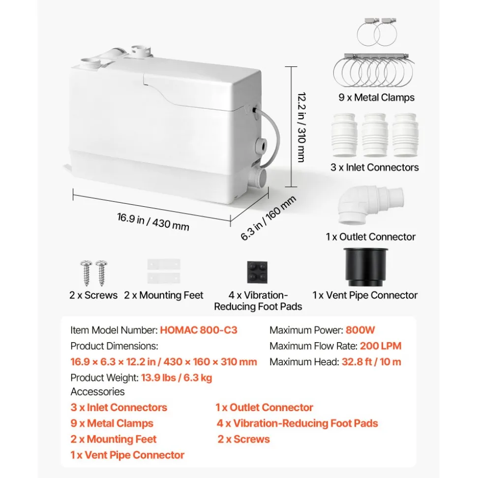 VEVOR Utility Sink Pump 800W 12000L/h Flow 32.8 ft/10 m Head Macerator Pump, Waste Water Disposal Macerating Machine with 3 Inlets, for Basement, Kitchen, Sink, Shower, Bathtub, Laundry Gray Water