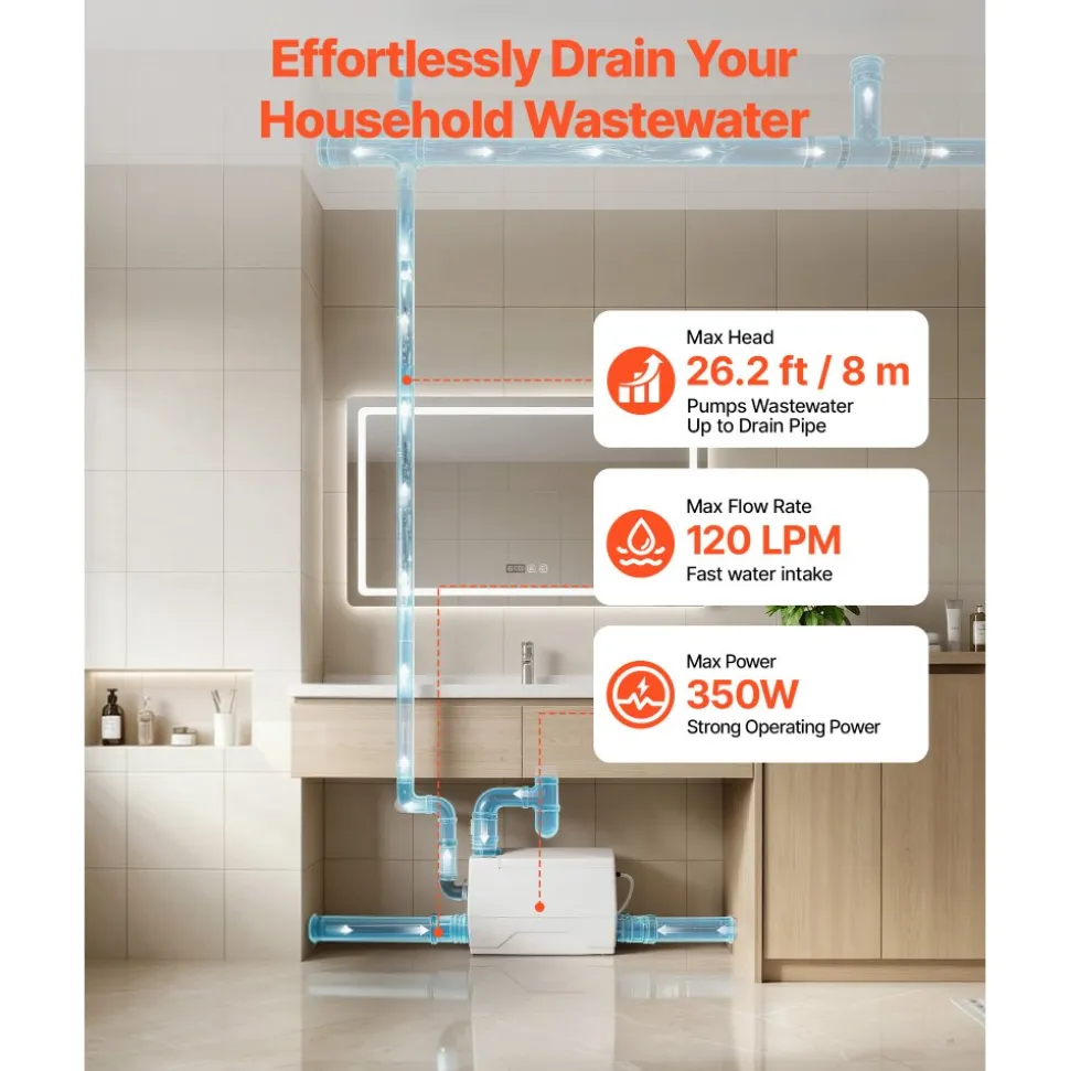 VEVOR Utility Sink Pump 350W 7200L/h Flow 26.2 ft / 8 m Head Drain Pump, Waste Water Disposal Machine with 3 Inlets, Portable & Powerful Performance, for Basement, Kitchen, Sink, Shower, Gray Water