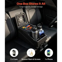 VEVOR UTV Center Console Bench Seat Box Lockable Armrest Storage Box, HDPE Central Console Tools Organizer with Cups and Phone Holder - Compatible with Polaris Ranger & 2017-2026 Can-Am Defender