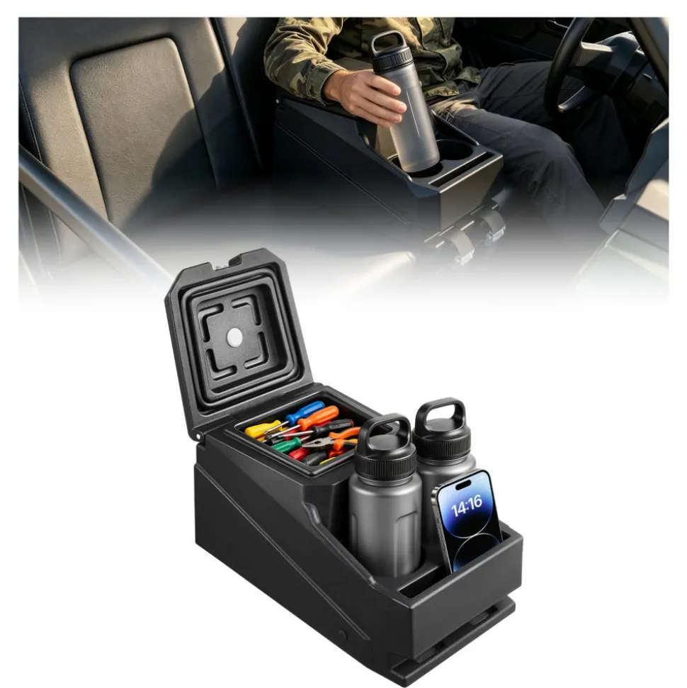 VEVOR UTV Center Console Bench Seat Box Lockable Armrest Storage Box, HDPE Central Console Tools Organizer with Cups and Phone Holder - Compatible with Polaris Ranger & 2017-2026 Can-Am Defender