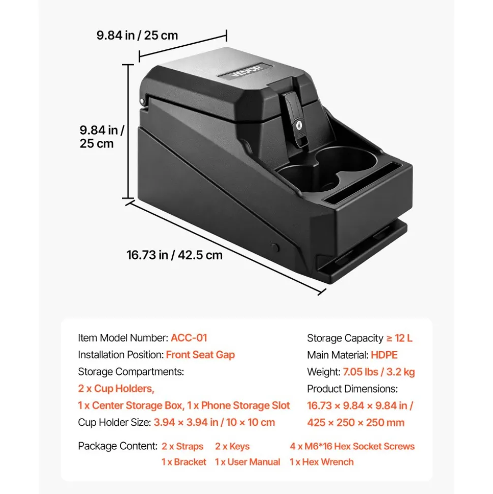 VEVOR UTV Center Console Bench Seat Box Lockable Armrest Storage Box, HDPE Central Console Tools Organizer with Cups and Phone Holder - Compatible with Polaris Ranger & 2017-2026 Can-Am Defender