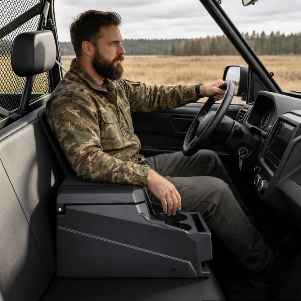 VEVOR UTV Center Console Bench Seat Box Lockable Armrest Storage Box, HDPE Central Console Tools Organizer with Cups and Phone Holder - Compatible with Polaris Ranger & 2017-2026 Can-Am Defender