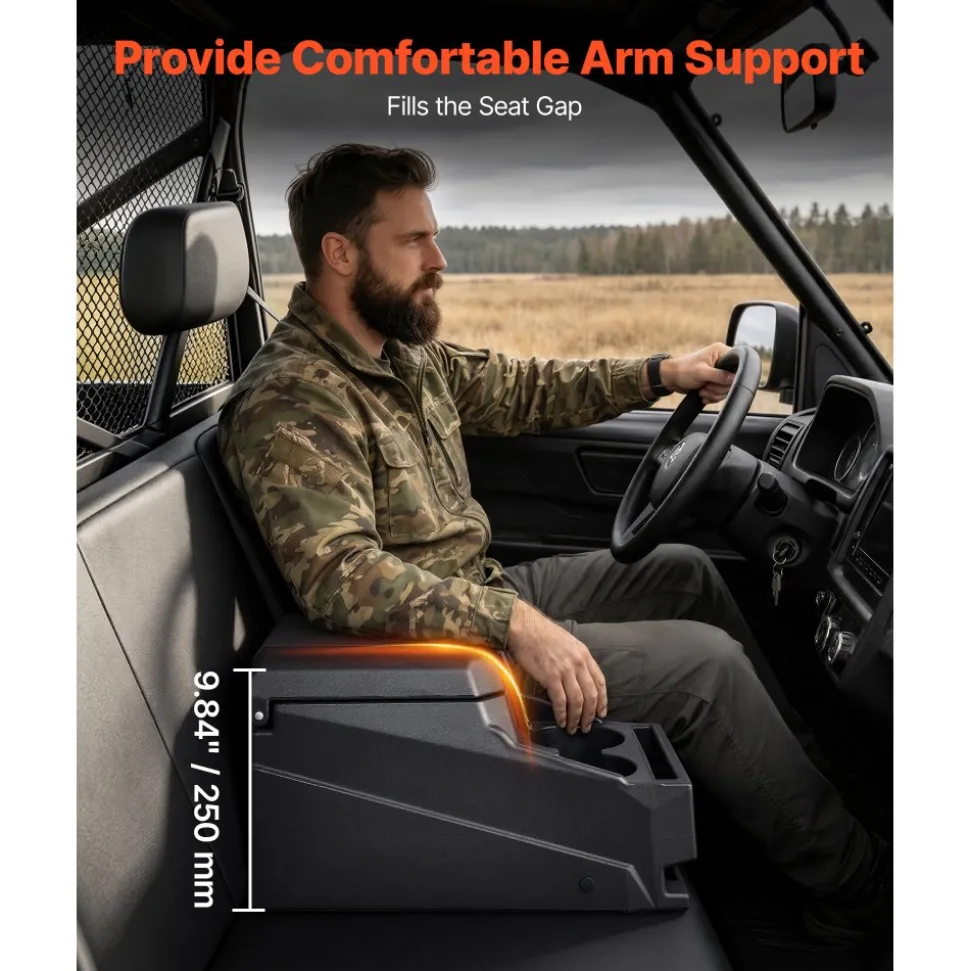 VEVOR UTV Center Console Bench Seat Box Lockable Armrest Storage Box, HDPE Central Console Tools Organizer with Cups and Phone Holder - Compatible with Polaris Ranger & 2017-2026 Can-Am Defender
