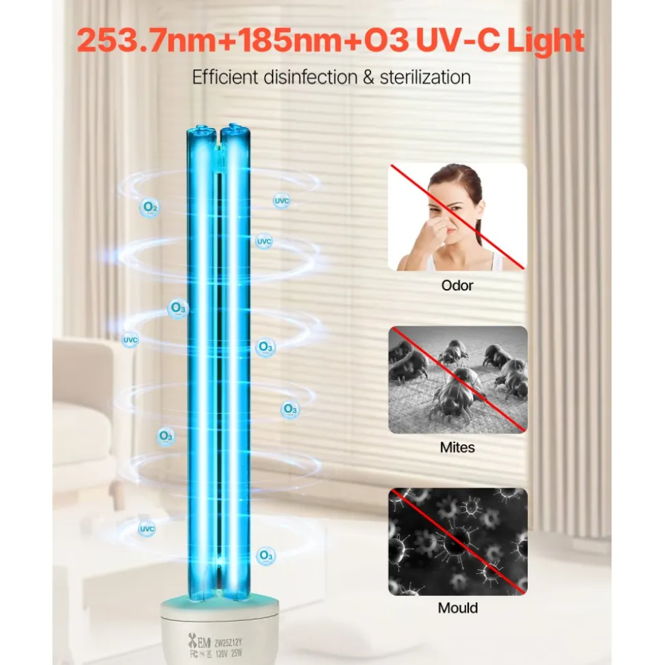 VEVOR UV Light Bulb, 2 Pack, 25W Replacement Ultraviolet UVC Lamp with Ozone, 253.7 nm + 185 nm Wavelength UVO Light Bulb, E27 Universal, for 400 sqft Living Room, Classroom, Office, Restaurant