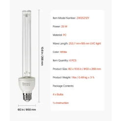 VEVOR UV Light Bulb, 2 Pack, 25W Replacement Ultraviolet UVC Lamp with Ozone, 253.7 nm + 185 nm Wavelength UVO Light Bulb, E27 Universal, for 400 sqft Living Room, Classroom, Office, Restaurant