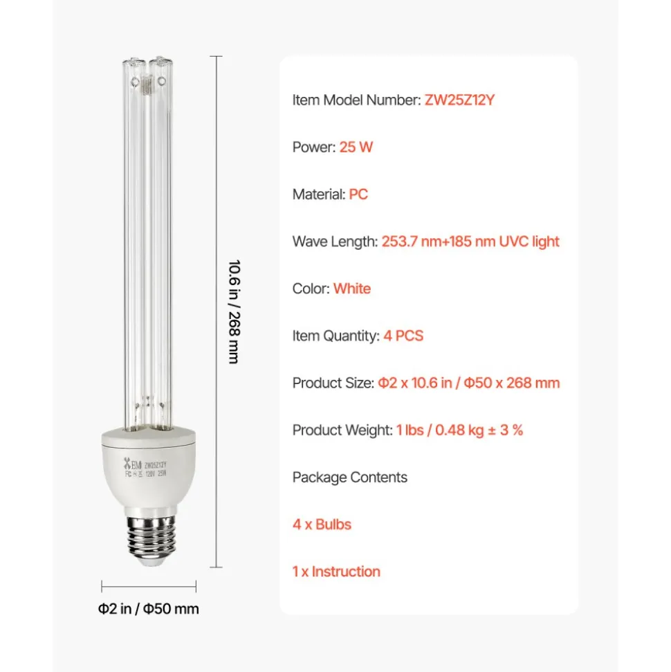 VEVOR UV Light Bulb, 2 Pack, 25W Replacement Ultraviolet UVC Lamp with Ozone, 253.7 nm + 185 nm Wavelength UVO Light Bulb, E27 Universal, for 400 sqft Living Room, Classroom, Office, Restaurant