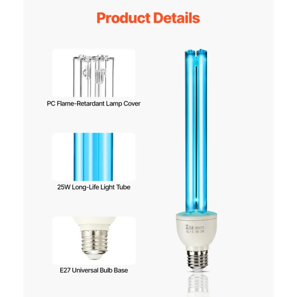 VEVOR UV Light Bulb, 2 Pack, 25W Replacement Ultraviolet UVC Lamp with Ozone, 253.7 nm + 185 nm Wavelength UVO Light Bulb, E27 Universal, for 400 sqft Living Room, Classroom, Office, Restaurant