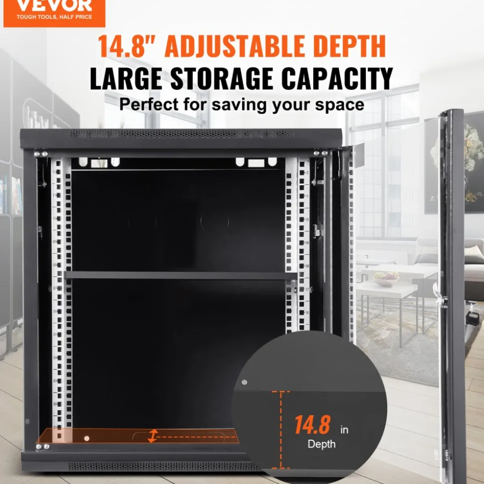VEVOR 12U Wall-Mounted Server Network Cabinet, 15.5'' Depth, Secure Rack Enclosure, Supports up to 200 lbs, Lockable Glass Door & Sides, Ideal for IT & A/V Gear