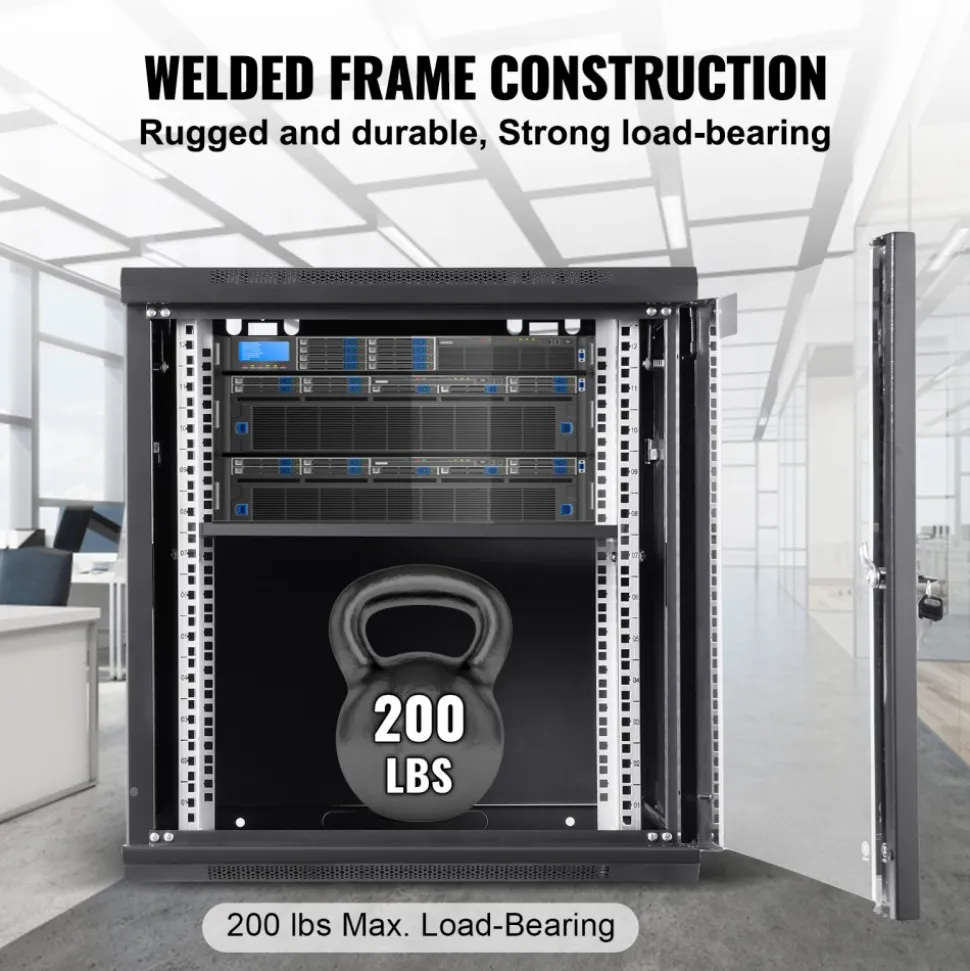 VEVOR 12U Wall-Mounted Server Network Cabinet, 15.5'' Depth, Secure Rack Enclosure, Supports up to 200 lbs, Lockable Glass Door & Sides, Ideal for IT & A/V Gear