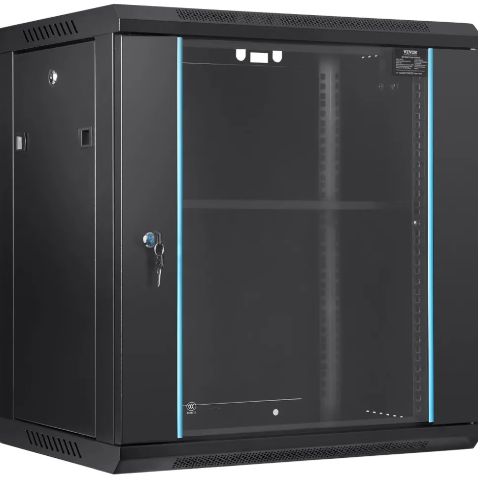VEVOR 12U Wall-Mounted Server Network Cabinet, 15.5'' Depth, Secure Rack Enclosure, Supports up to 200 lbs, Lockable Glass Door & Sides, Ideal for IT & A/V Gear