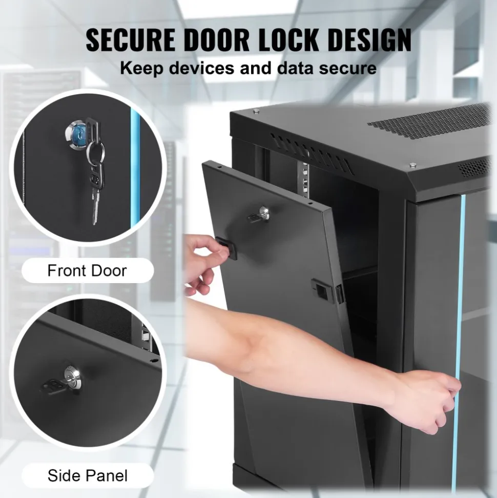 VEVOR 12U Wall-Mounted Server Network Cabinet, 15.5'' Depth, Secure Rack Enclosure, Supports up to 200 lbs, Lockable Glass Door & Sides, Ideal for IT & A/V Gear