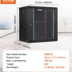 VEVOR 12U Wall-Mounted Server Network Cabinet, 15.5'' Depth, Secure Rack Enclosure, Supports up to 200 lbs, Lockable Glass Door & Sides, Ideal for IT & A/V Gear