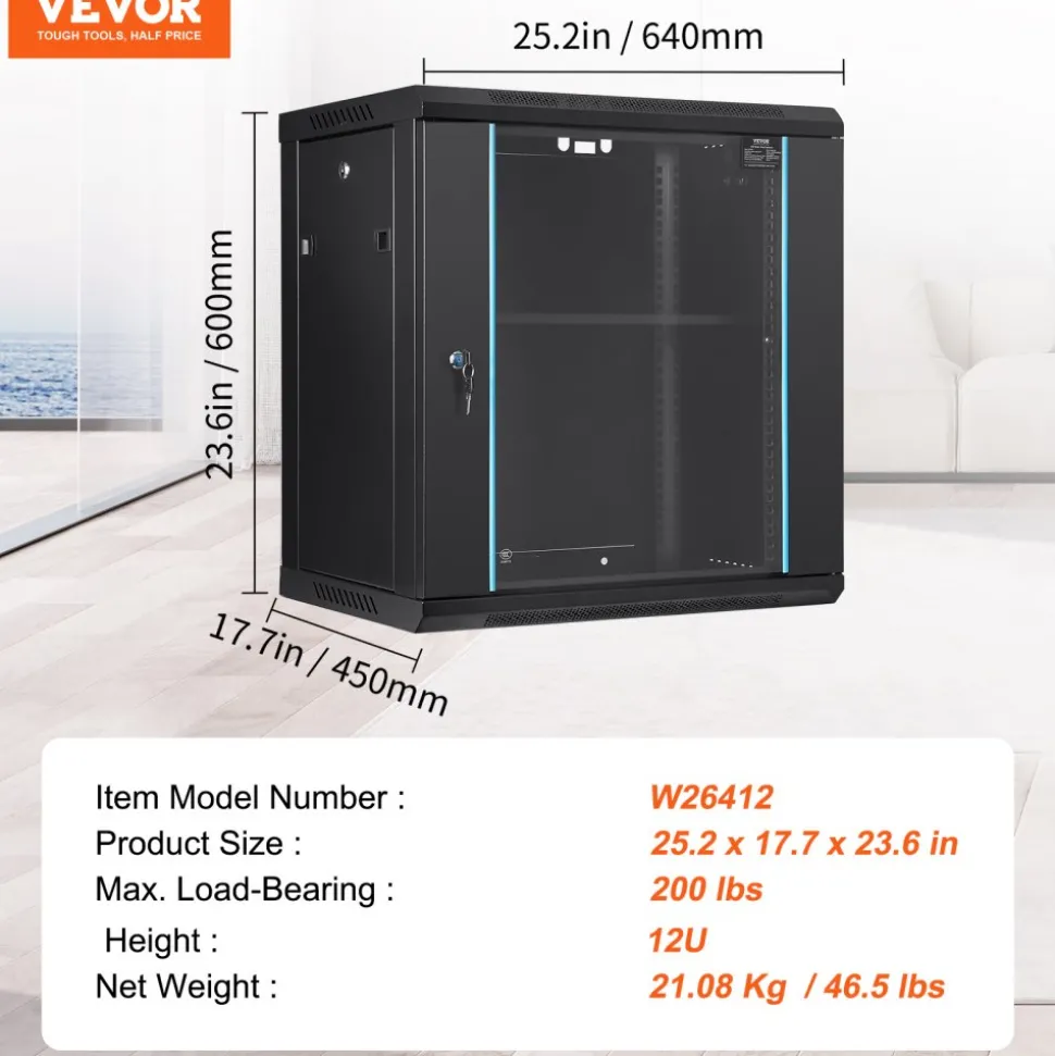 VEVOR 12U Wall-Mounted Server Network Cabinet, 15.5'' Depth, Secure Rack Enclosure, Supports up to 200 lbs, Lockable Glass Door & Sides, Ideal for IT & A/V Gear