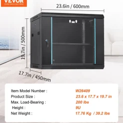 VEVOR 9U Wall-Mounted Server Network Cabinet, 15.5'' Depth, Secure Rack Enclosure, Supports up to 200 lbs, Features Lockable Glass Door and Side Panels, Ideal for IT and A/V Gear