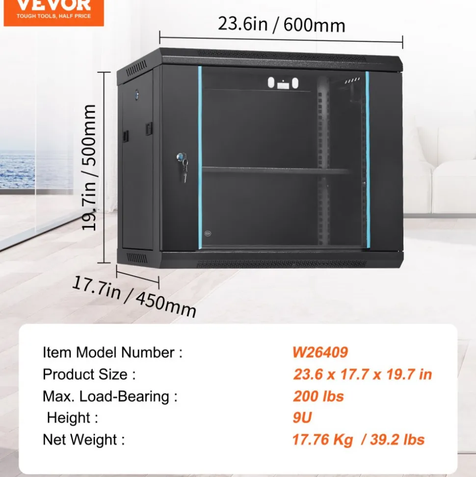 VEVOR 9U Wall-Mounted Server Network Cabinet, 15.5'' Depth, Secure Rack Enclosure, Supports up to 200 lbs, Features Lockable Glass Door and Side Panels, Ideal for IT and A/V Gear