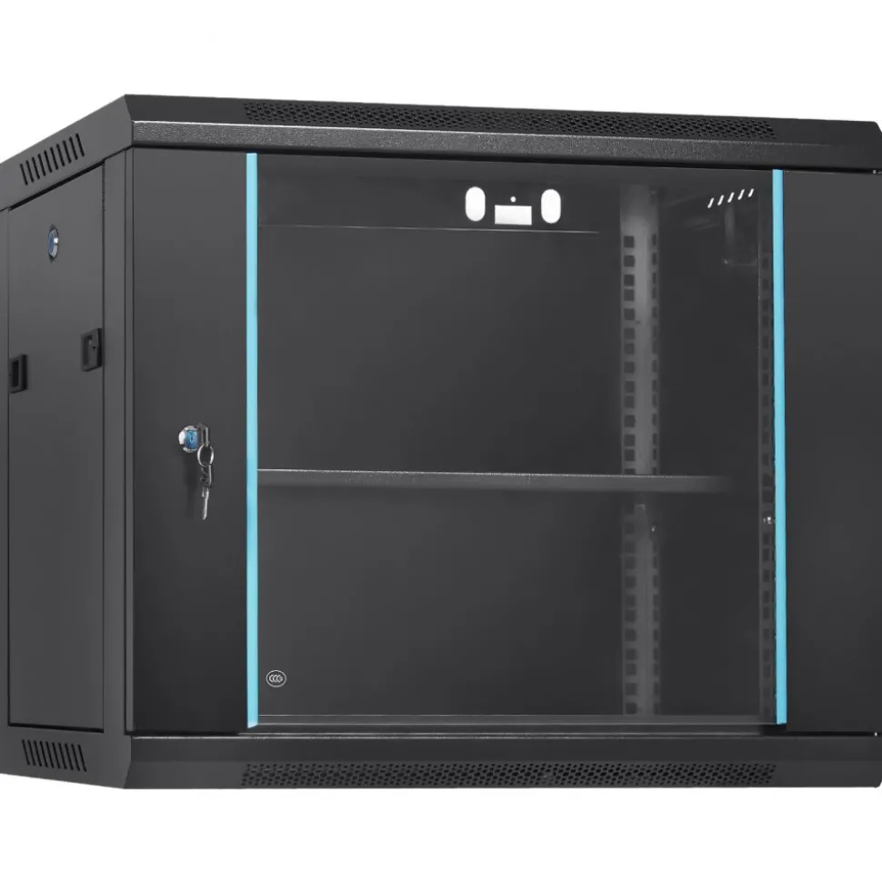 VEVOR 9U Wall-Mounted Server Network Cabinet, 15.5'' Depth, Secure Rack Enclosure, Supports up to 200 lbs, Features Lockable Glass Door and Side Panels, Ideal for IT and A/V Gear