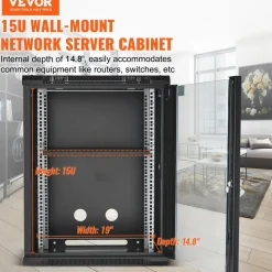 VEVOR 15U Wall Mount Network Cabinet, 500 lbs Max. Ground Load Capacity, Server Rack Cabinet Enclosure with Locking Tempered Glass Door, Side Panels, Q235 Carbon Steel, for IT Equipment, A/V Devices