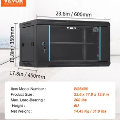 VEVOR 6U Wall Mount Network Server Cabinet, 15.5'' Deep, Server Rack Cabinet Enclosure, 200 lbs Max. Ground-mounted Load Capacity, with Locking Glass Door Side Panels, for IT Equipment, A/V Devices