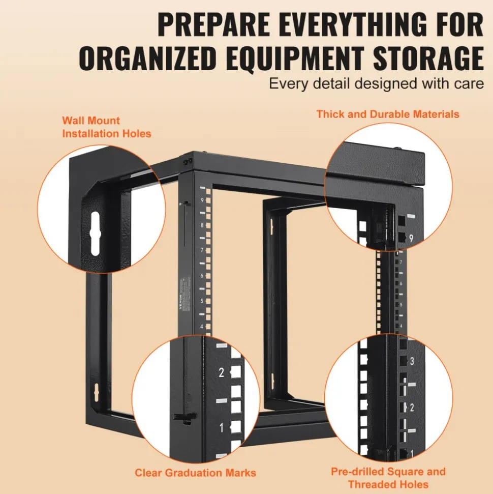 VEVOR 9U Wall Mount Rack, 150 lbs/68.04 kg Max Load Capacity, Open Frame Server Network Rack with Cage Nuts Screws, Carbon Steel 20.9 x 17.7 x 20.5" for 19"/482.6 mm AV & Server IT Equipment, Black