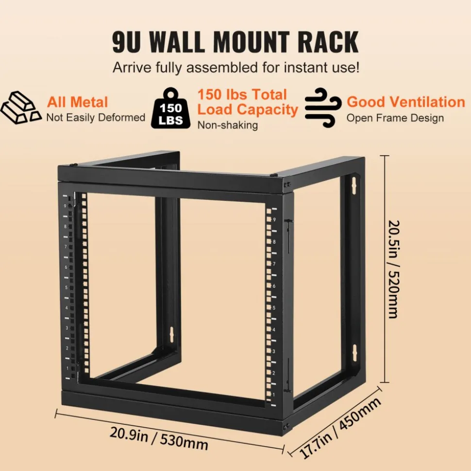 VEVOR 9U Wall Mount Rack, 150 lbs/68.04 kg Max Load Capacity, Open Frame Server Network Rack with Cage Nuts Screws, Carbon Steel 20.9 x 17.7 x 20.5" for 19"/482.6 mm AV & Server IT Equipment, Black