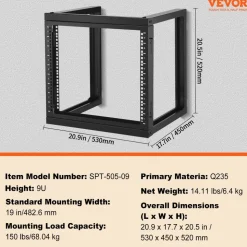 VEVOR 9U Wall Mount Rack, 150 lbs/68.04 kg Max Load Capacity, Open Frame Server Network Rack with Cage Nuts Screws, Carbon Steel 20.9 x 17.7 x 20.5