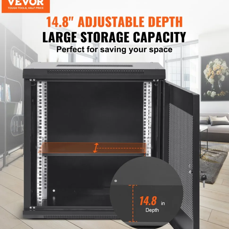 VEVOR 12U Wall Mount Server Cabinet, 15.5'' Depth, Network Rack Enclosure, Supports up to 200 lbs, Secure Locking System, Ideal for IT Hardware, Audio/Video Components