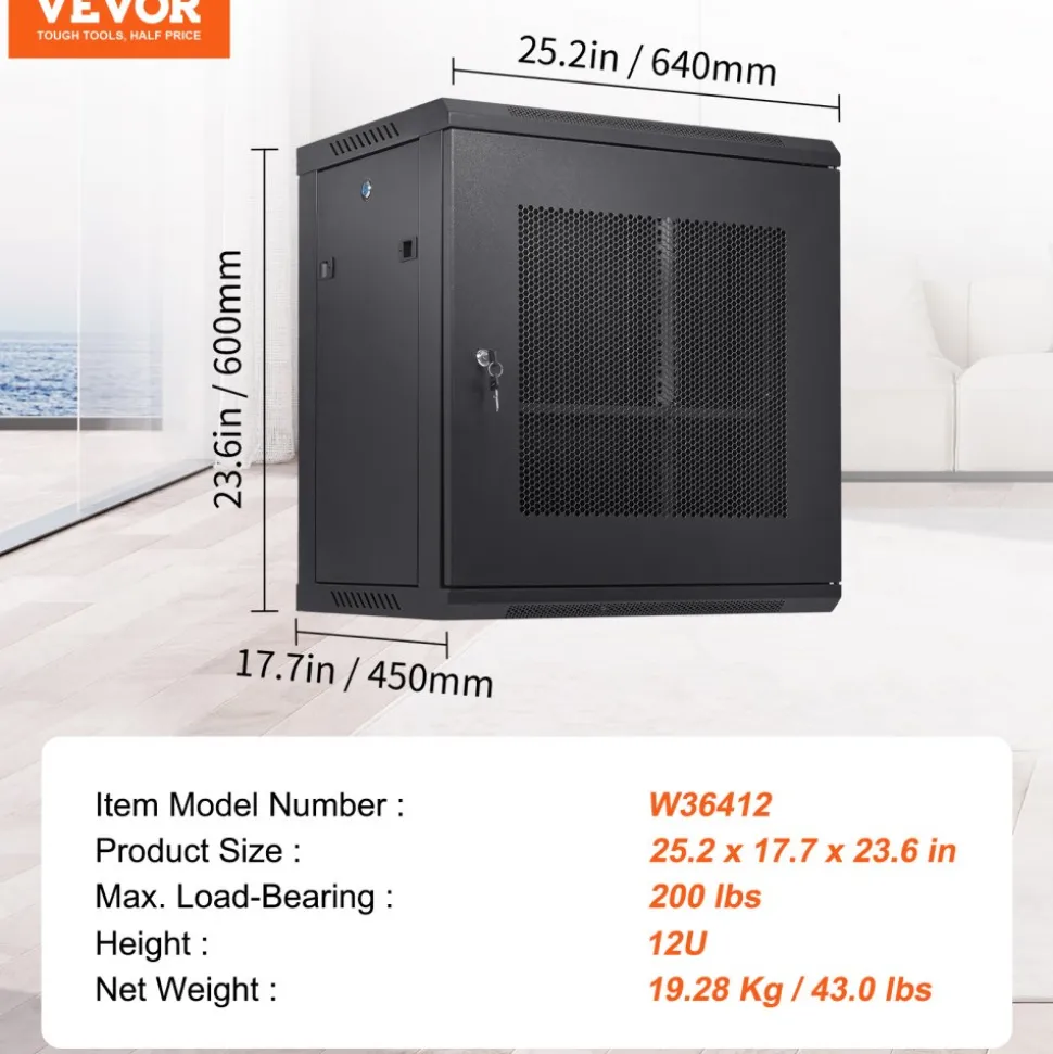 VEVOR 12U Wall Mount Server Cabinet, 15.5'' Depth, Network Rack Enclosure, Supports up to 200 lbs, Secure Locking System, Ideal for IT Hardware, Audio/Video Components