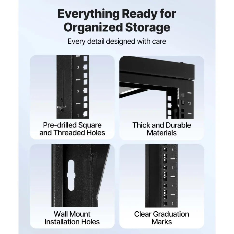 VEVOR 12U Wall Mount Server Rack, 150 lbs Max Load Capacity, Open Frame Network Rack with 180 Degrees Gate Swing, Carbon Steel, for 19-Inch IT Network Equipment & AV Devices Computer Server, Black
