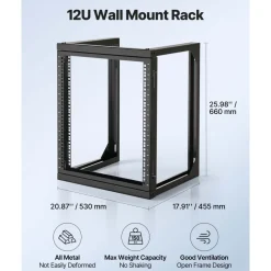VEVOR 12U Wall Mount Server Rack, 150 lbs Max Load Capacity, Open Frame Network Rack with 180 Degrees Gate Swing, Carbon Steel, for 19-Inch IT Network Equipment & AV Devices Computer Server, Black