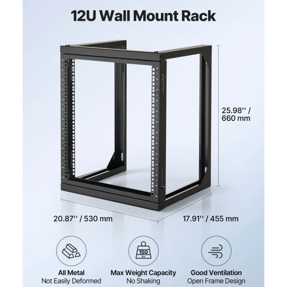 VEVOR 12U Wall Mount Server Rack, 150 lbs Max Load Capacity, Open Frame Network Rack with 180 Degrees Gate Swing, Carbon Steel, for 19-Inch IT Network Equipment & AV Devices Computer Server, Black