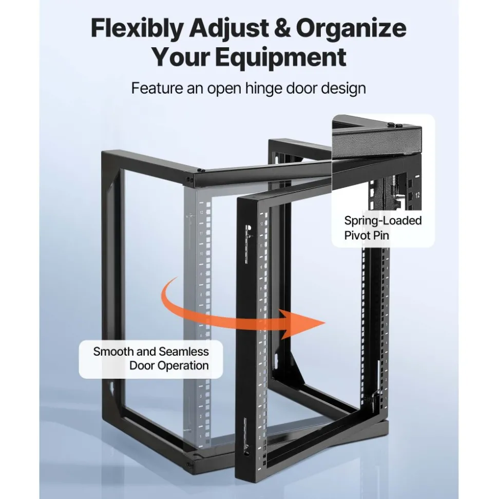 VEVOR 12U Wall Mount Server Rack, 150 lbs Max Load Capacity, Open Frame Network Rack with 180 Degrees Gate Swing, Carbon Steel, for 19-Inch IT Network Equipment & AV Devices Computer Server, Black
