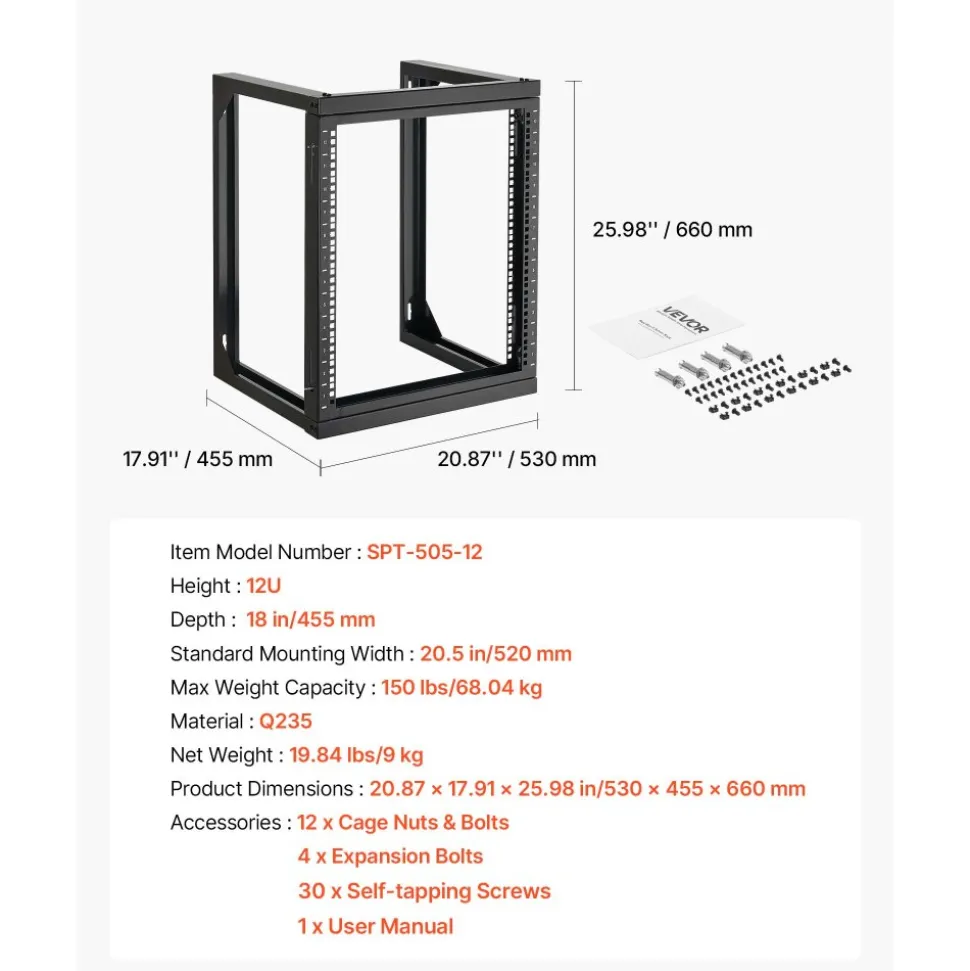 VEVOR 12U Wall Mount Server Rack, 150 lbs Max Load Capacity, Open Frame Network Rack with 180 Degrees Gate Swing, Carbon Steel, for 19-Inch IT Network Equipment & AV Devices Computer Server, Black