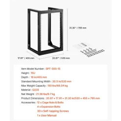 VEVOR 15U Wall Mount Server Rack, 150 lbs Max Load Capacity, Open Frame Network Rack with 180 Degrees Gate Swing, Carbon Steel, for 19-Inch IT Network Equipment & AV Devices Computer Server, Black