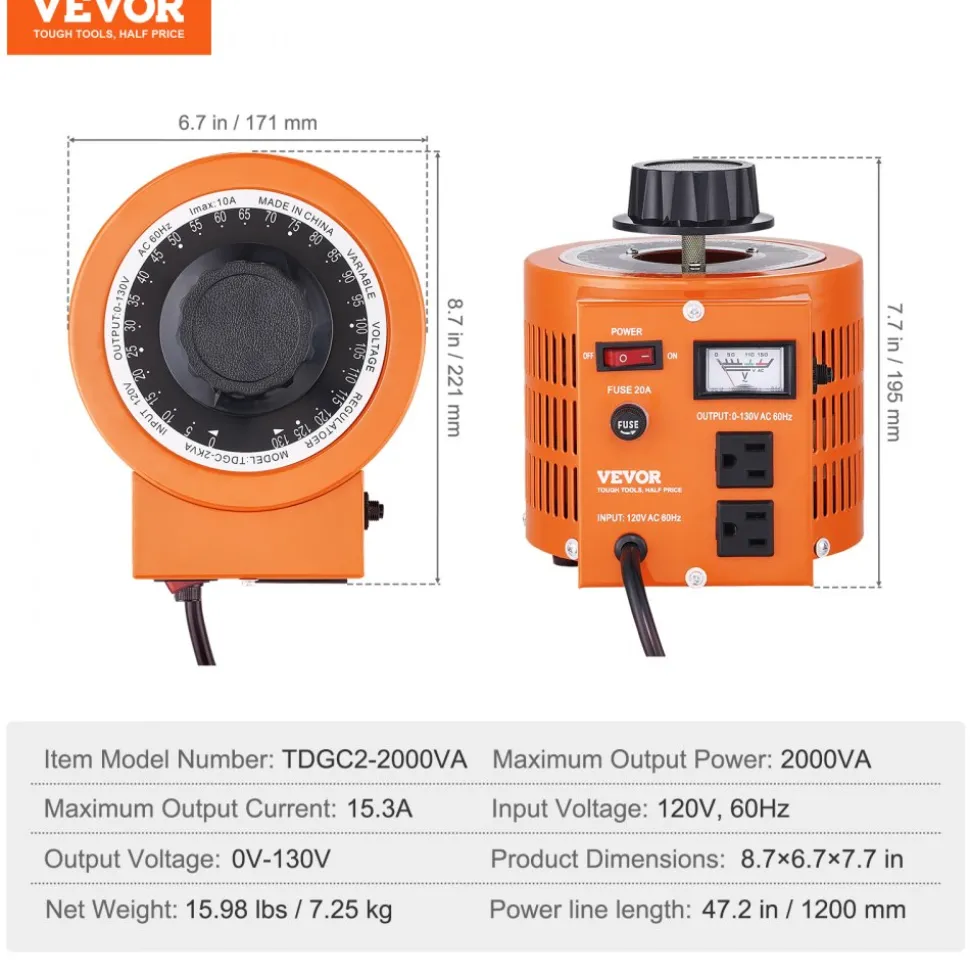VEVOR 2000VA Auto Variable Voltage Transformer, 15.3 Amp, 110V Input 0-130V Output AC Voltage Regulator, with LCD Display 4 Extra Fuses Thermal Control Switch for Home Industrial Office
