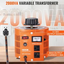 VEVOR 2000VA Auto Variable Voltage Transformer, 15.3 Amp, 110V Input 0-130V Output AC Voltage Regulator, with LCD Display 4 Extra Fuses Thermal Control Switch for Home Industrial Office